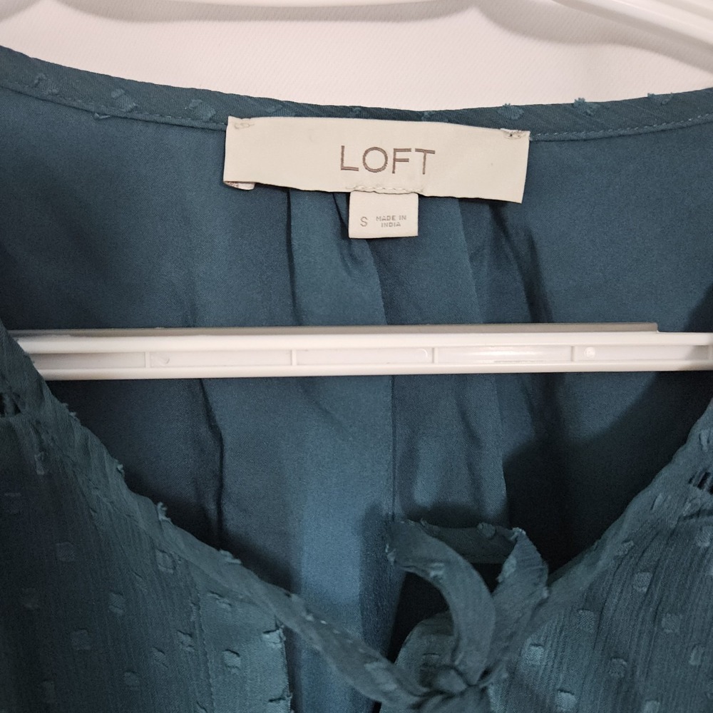 LOFT‎ Dress Womens Small Green Excellent Tie Neck Clip Dot Tiered Boho Romantic - Picture 3 of 10